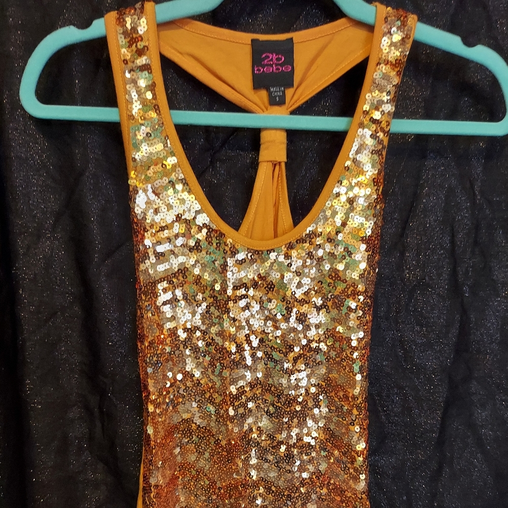 Small  2b BeBe mustard gold and silver sequin tank